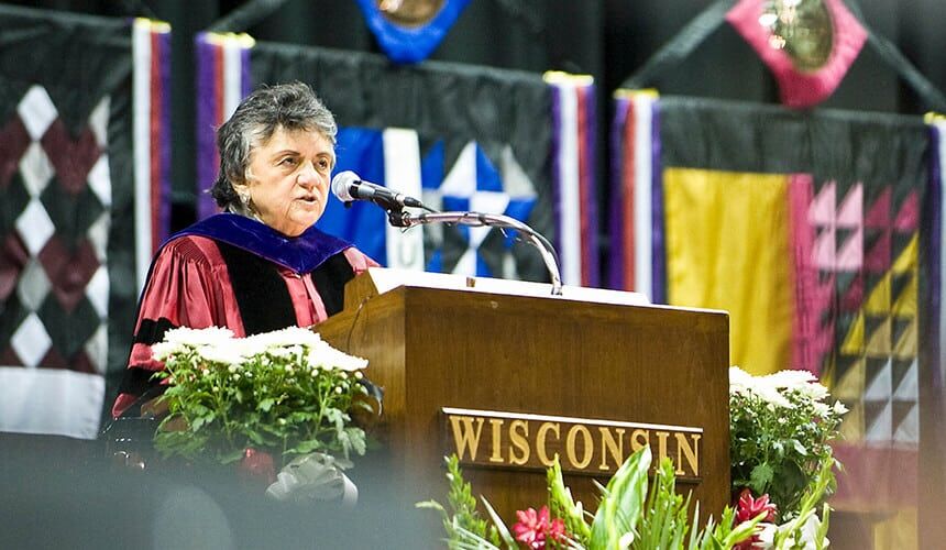 Abrahamson speaking at the UW's 2008 spring commencement. (Image courtesy of University Communications.) Supreme Court Justice Shirley Abrahamson speaking at commencement.