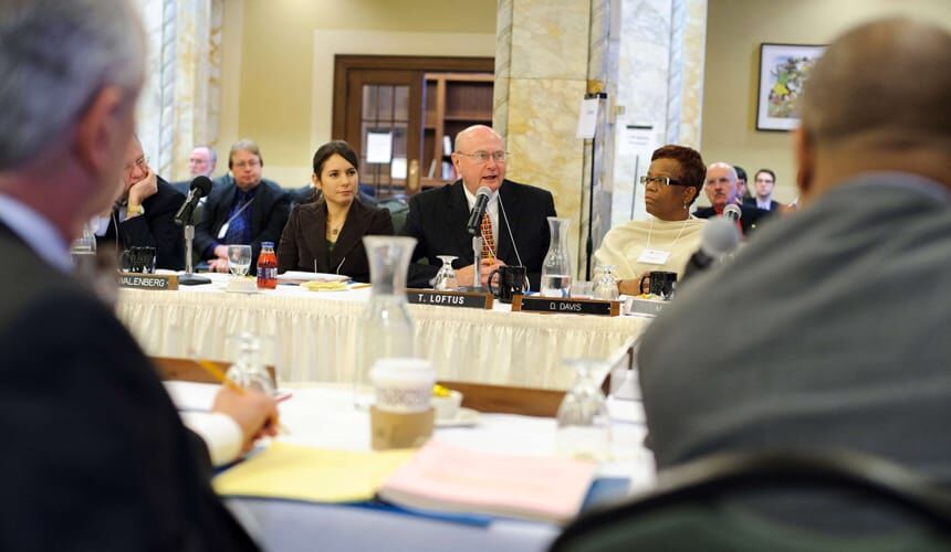 UW Board of Regents member Thomas Loftus asks a question about a UW-Madison delegation's travels to- and growing educational connection with China during a regents. (Photo by Jeff Miller. ) UW Board of Regents member Thomas Loftus asks a question about a UW-Madison delegation's travels to -- and growing educational connection with -- China during a regents meeting at the Memorial Union at the University of Wisconsin-Madison on Dec. 9, 2010.