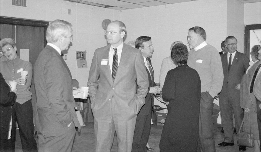 Loftus chats with Gov. Tony Earl at a 1990 event to honor former Acting Gov. Martin Schreiber. (Image courtesy of the Wisconsin Historical Society.) Loftus chats with Gov. Tony Earl at a 1990 event to honor former Acting Gov. Martin Schreiber.