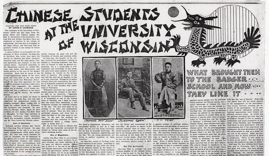 Three of the first four students from China to attend UW. From left: Yu-fong Sun, his cousin, Juedan Tun-Shou Chen, and Chu-tung Tsai.