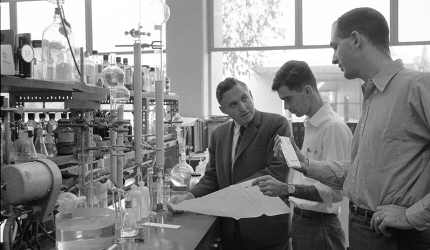 Carl Djerassi in 1963 with students in his chemistry lab at Stanford.