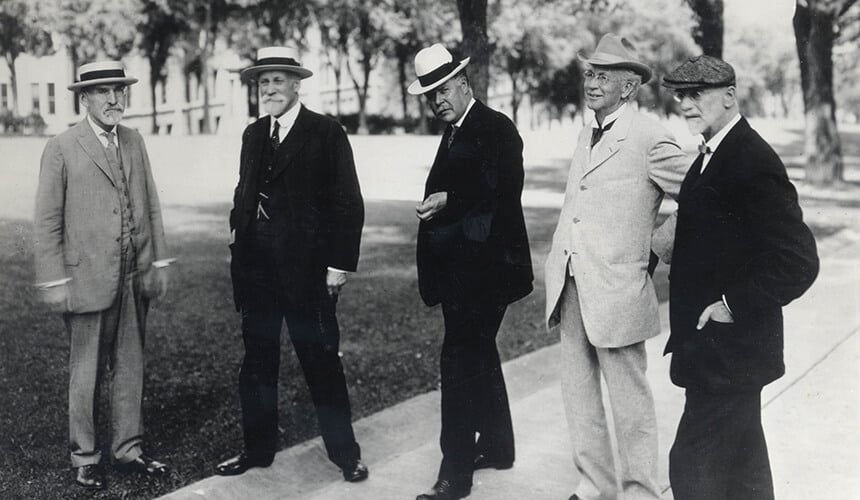 President Charles Van Hise, former President Thomas Chamberlin, Dean of Agriculture Harry Russell, former Dean of Agriculture William Henry, and Professor Stephen Babcock line up for a group portrait.