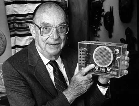 John Bardeen holding his music box.