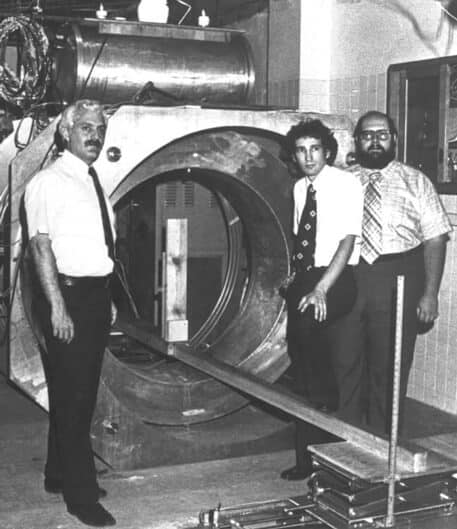 Drs. Damadian, Minkoff, and Goldsmith with the completed indomitable, the world's first magnetic resonance scanner.