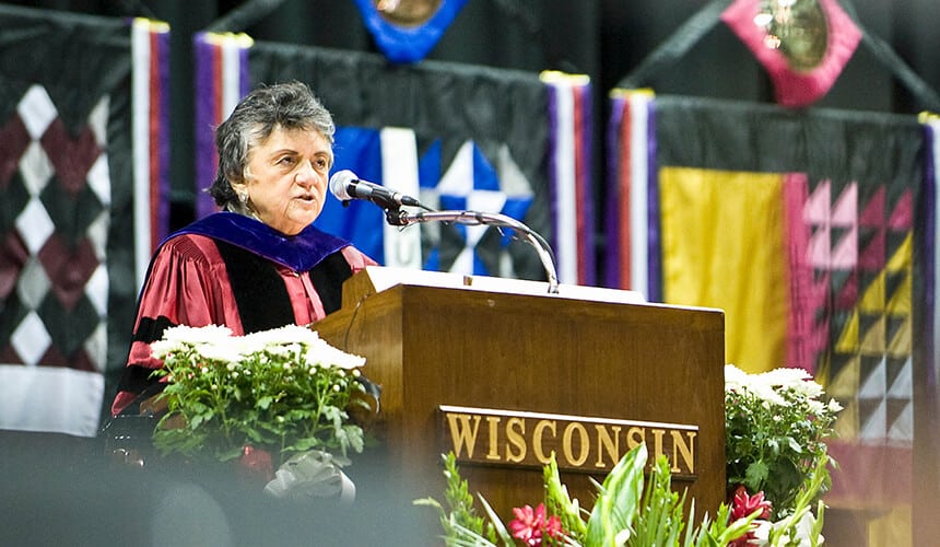 Supreme Court Justice Shirley Abrahamson speaking at commencement.
