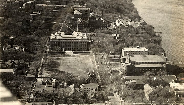 A 1924 aerial view of campus from Library Mall looking east towards Bascom Hill. Image courtesy of UW Archives, #S12804.