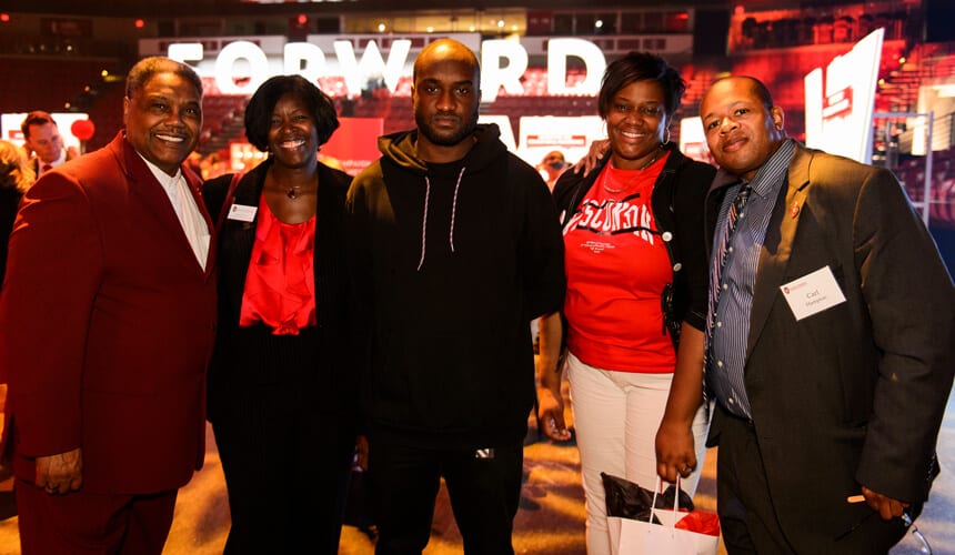 Virgil Abloh, center, poses for a photo with guests the official launch of a major capital campaign for the UW.